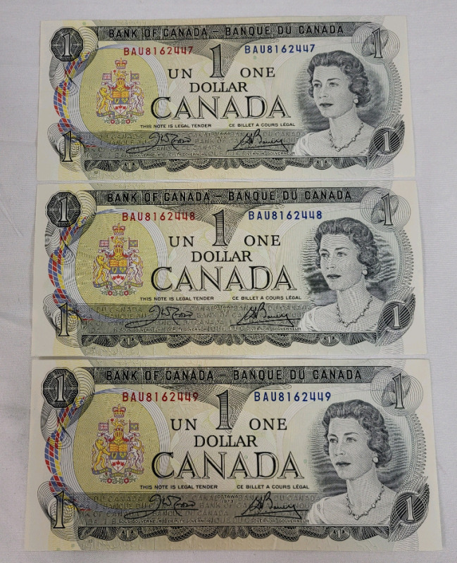Three (3) 1973 Canadian Bank of Canada One Dollar Bank Notes w/Consecutive Numbers