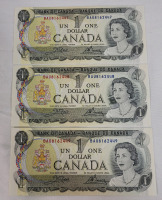 Three (3) 1973 Canadian Bank of Canada One Dollar Bank Notes w/Consecutive Numbers