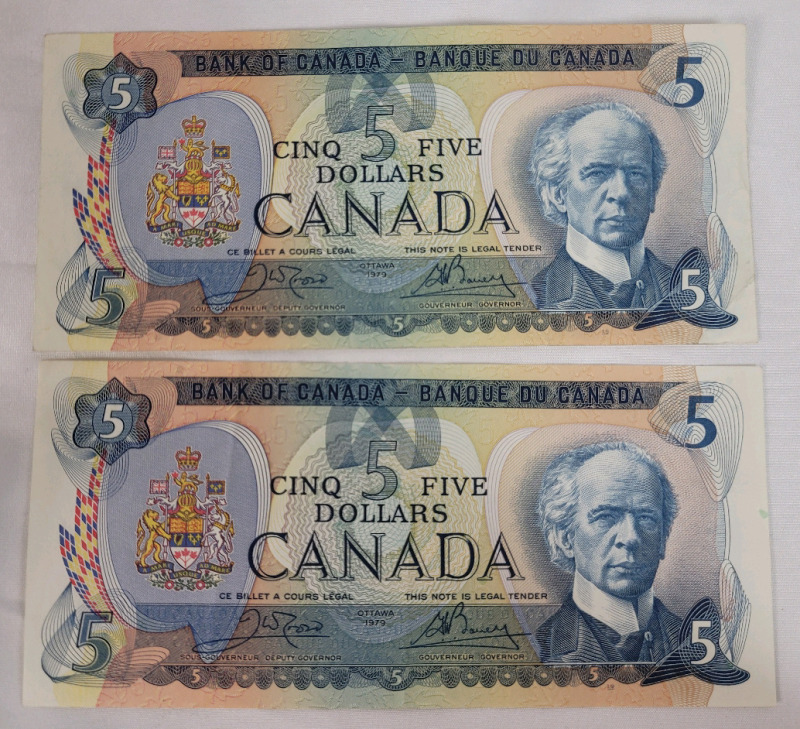 Two (2) Canadian Bank of Canada Five Dollar Bank Notes .