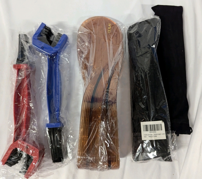 2 New Bike Cleaning Brushes, 2 New Mattress Lifters and 16 New Stainless Steel Straws. Mattress Lifter is 10.5" Long