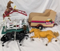 Assorted Vintage Barbie Horse Playsets. Tan Horse is Missing a Hoof. Barbie Horse Trailer Measures 12.5".