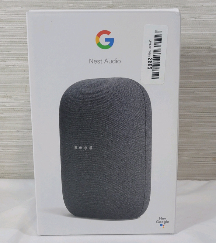 Goggle Nest Audio Smart Speaker with Power Cord & Manual in Original Box . Tested Powers Up , Not Set-Up or Tested Beyond Power Up