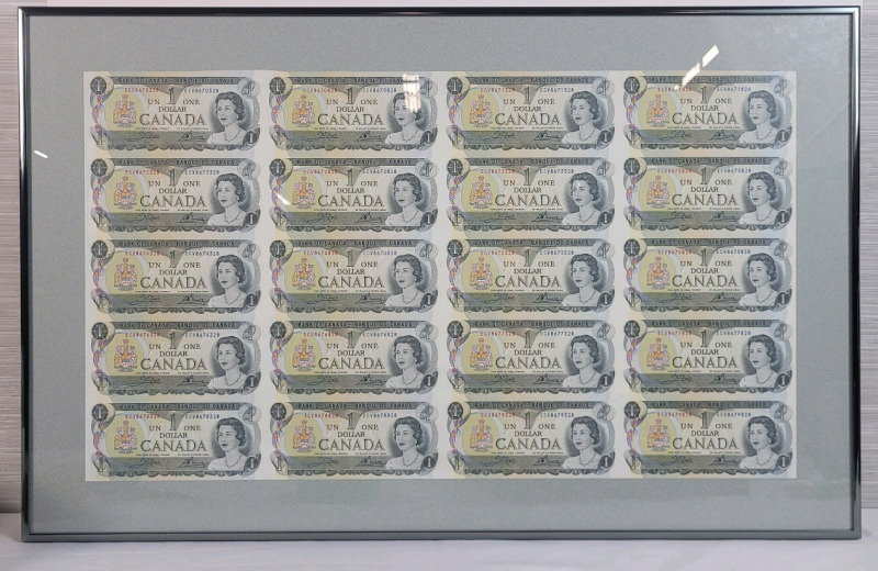 1973 Canadian Bank of Canada One Dollar Uncut Framed Sheet of 20 . Two (2) Sets of Consecutive Numbers