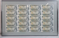 1973 Canadian Bank of Canada One Dollar Uncut Framed Sheet of 20 . Two (2) Sets of Consecutive Numbers