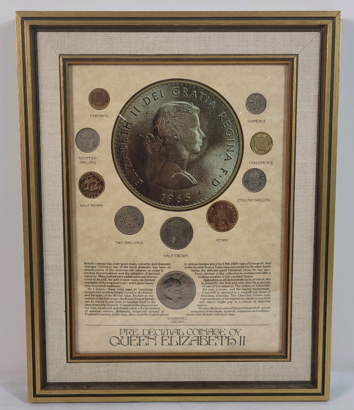 1954 - 1968 Great Britain Pre-Decimal Coinage of Queen Elizabeth II , Framed .