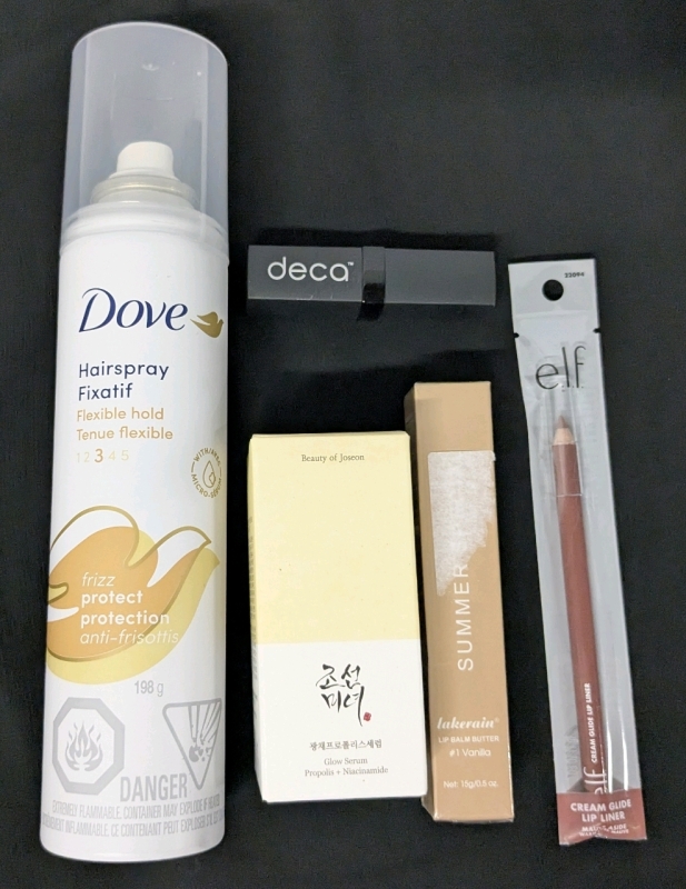 New Dove Hairspray 198g, Beauty of Joseon Glow Serum 30ml, Summer Special Lakerain Lip Balm Butter Vanilla 15g, E.L.F. Cream Glide Liner Mauve Aside & Deca Vitamin E Lipstick