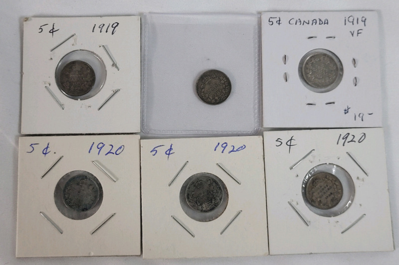 1919 & 1920 Canadian Silver Five Cent Nickels . 1919 &times;3 & 1920 &times;3 . Six (6) Coins