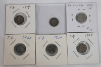 1919 & 1920 Canadian Silver Five Cent Nickels . 1919 &times;3 & 1920 &times;3 . Six (6) Coins