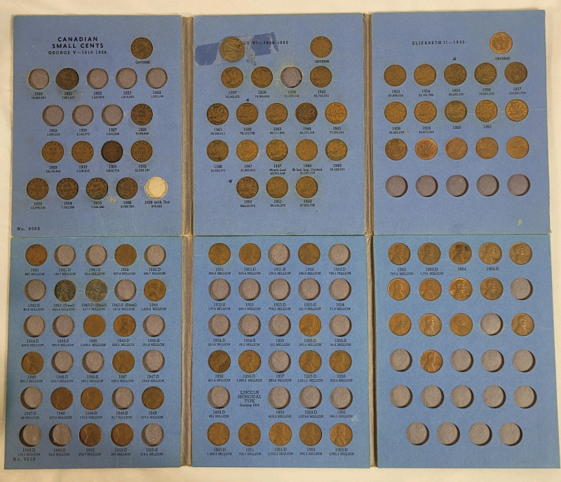 1921 - 1967 Canadian One Cent Pennies & 1941 - 1971 USA Lincoln One Cent Pennies . Both in Blue Books , Not All Slots Checked for Correct Year