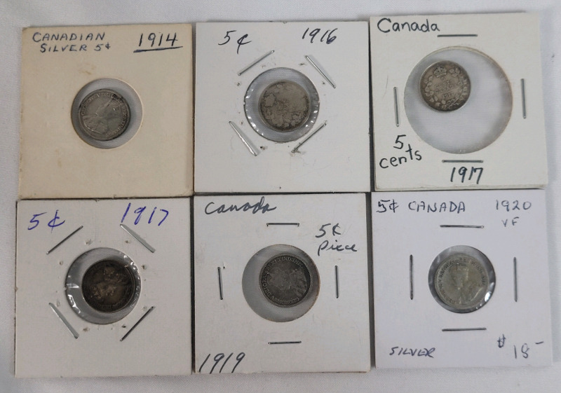 1914 - 1920 Canadian Silver King George V 5 Cent Nickels . 1914 , 1916 , 1917 &times;2 , 1919 & 1920 . Six (6) Coins