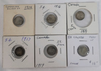 1914 - 1920 Canadian Silver King George V 5 Cent Nickels . 1914 , 1916 , 1917 &times;2 , 1919 & 1920 . Six (6) Coins