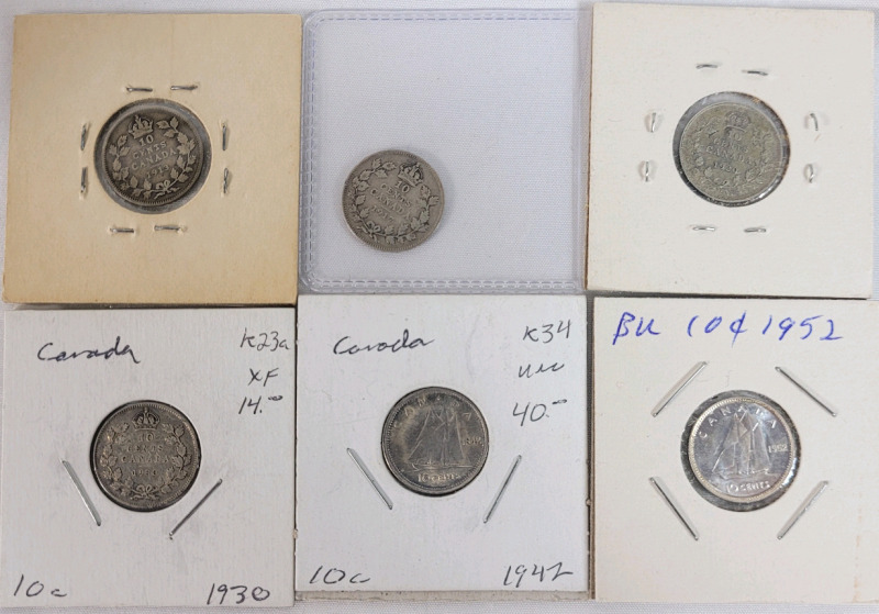 1913 - 1952 Canadian Silver 10 Cent Dimes . 1913 , 1917 , 1920 , 1930 , 1942 & 1952 . Six (6) Coins
