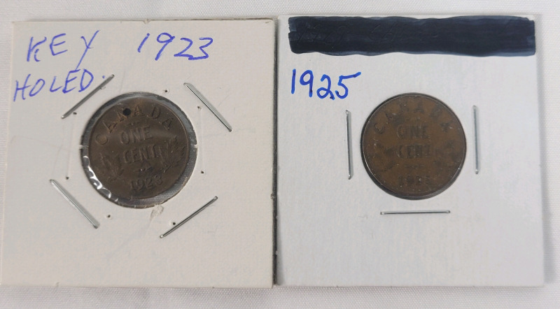 1923 & 1925 Canadian King George V One Cent Pennies . 1923 has key hole at top