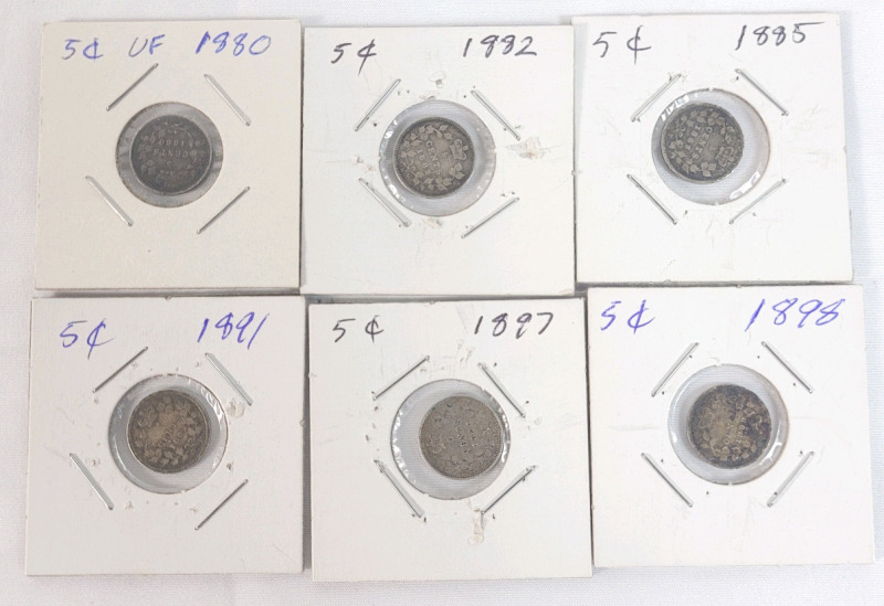 1880 - 1898 Canadian Silver Queen Victoria 5 Cent Nickels . 1880H , 1882H , 1885 , 1891 , 1897 & 1898 . Six (6) Coins
