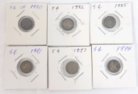 1880 - 1898 Canadian Silver Queen Victoria 5 Cent Nickels . 1880H , 1882H , 1885 , 1891 , 1897 & 1898 . Six (6) Coins