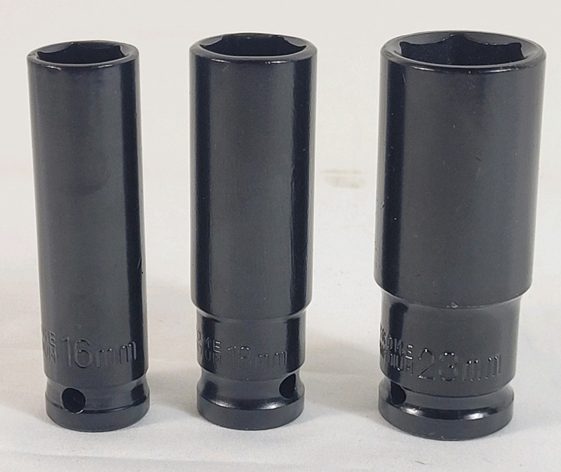 New - 6-Point 1/2" 16mm , 18mm & 23mm Sockets . Measures 3" long each