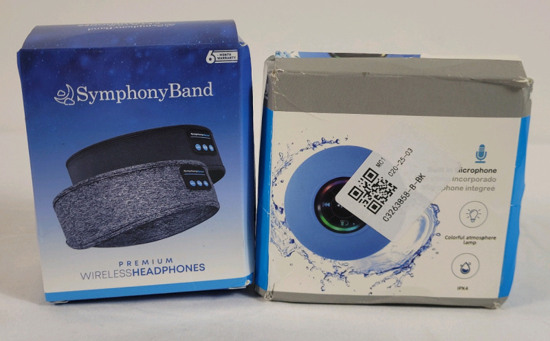 New - Symphony Band Wireless Headphones Headband & Splash Proof Mini Wireless Speaker . Open Box , Untested .