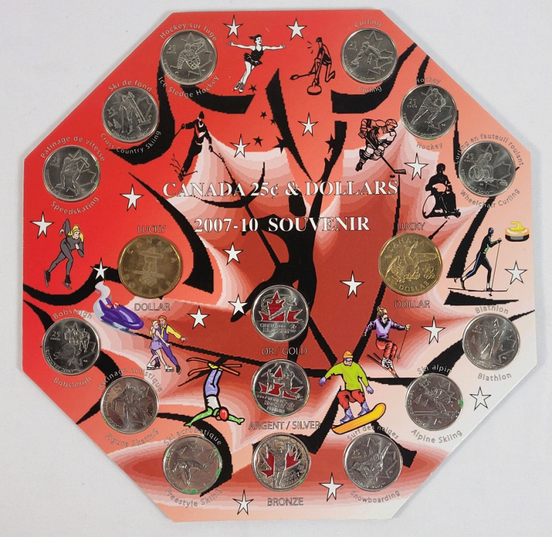2007 - 2010 Canadian Vancouver Olympics Quarter & Loonie Set . Includes 3 Colored Quarters