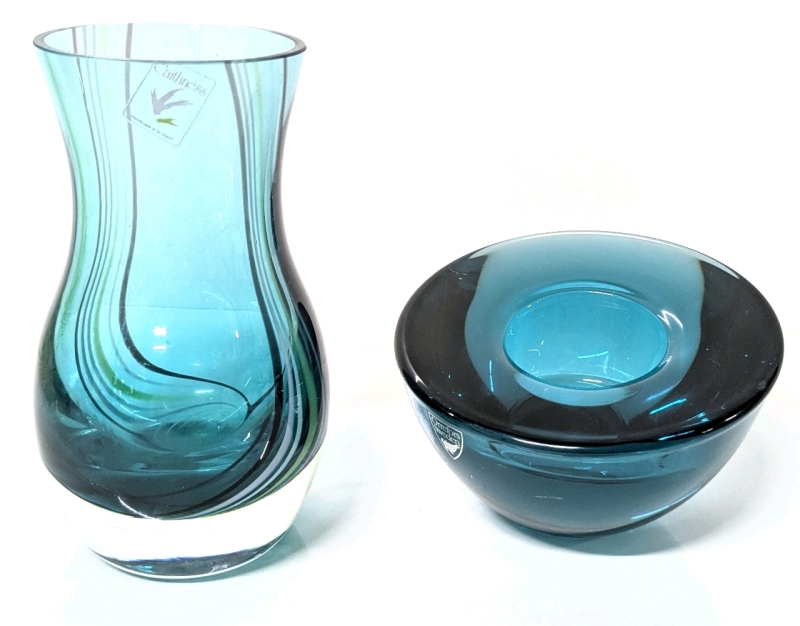 Gorgeous Teal Glass : Signed ORREFORS Sweden Tea Light Holder & Caithness Scotland Art Glass Vase 5" Tall