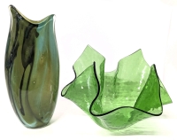Vibrant Green Art Glass Vase & Chance Glass -Style Textured Ruffled Multiforme Bowl | Vase 10.25" Tall