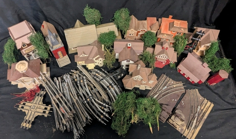 Model Train Decoration and Tracks - 12 Model Buildings - Lots of Curved and Straight Tracks - Model Trees of Different Shapes and Sizes