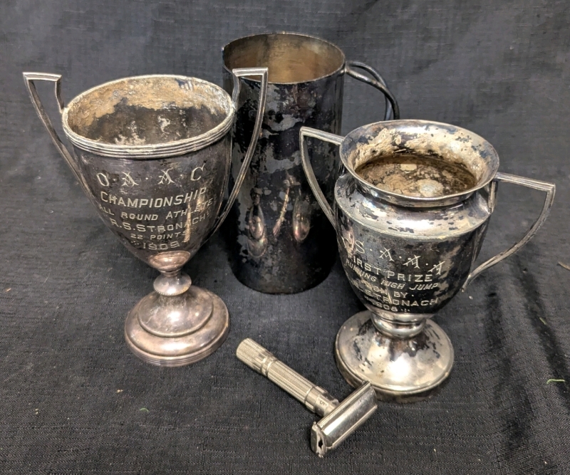 Antiques - 2 Silver Plated Trophies - 1 Handled Holder (Surprisingly Heavy) - Razor - More Details in Description