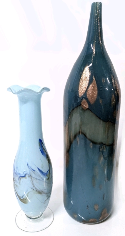 Lovely Dalian-Style Blue Swirling Art Glass Pedestal Vase & Gold Foil Banded Blue Bottle Vase 13.75" Tall