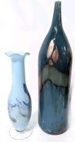 Lovely Dalian-Style Blue Swirling Art Glass Pedestal Vase & Gold Foil Banded Blue Bottle Vase 13.75" Tall