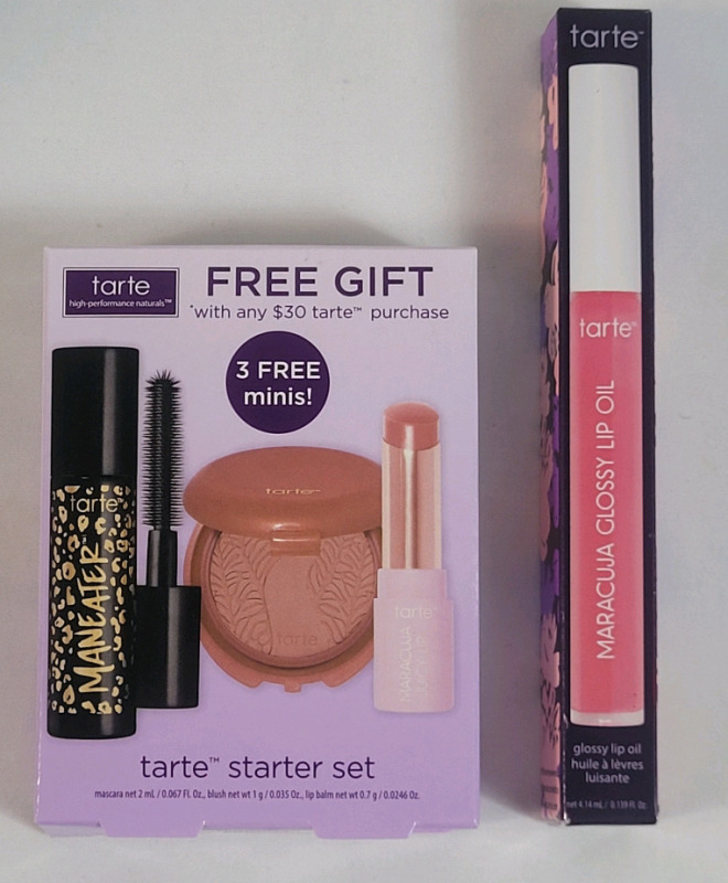 New - Tarte Cosmetics Starter Kit (mascara, blush, lip balm) & Tarte Maracuja Glossy Lip Oil , Sheer Pink .