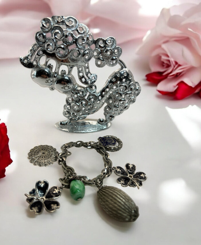 Signed Vintage CORO Charm Bracelet 6 Charms & Revere Signed Dog Earring Holder 5 In