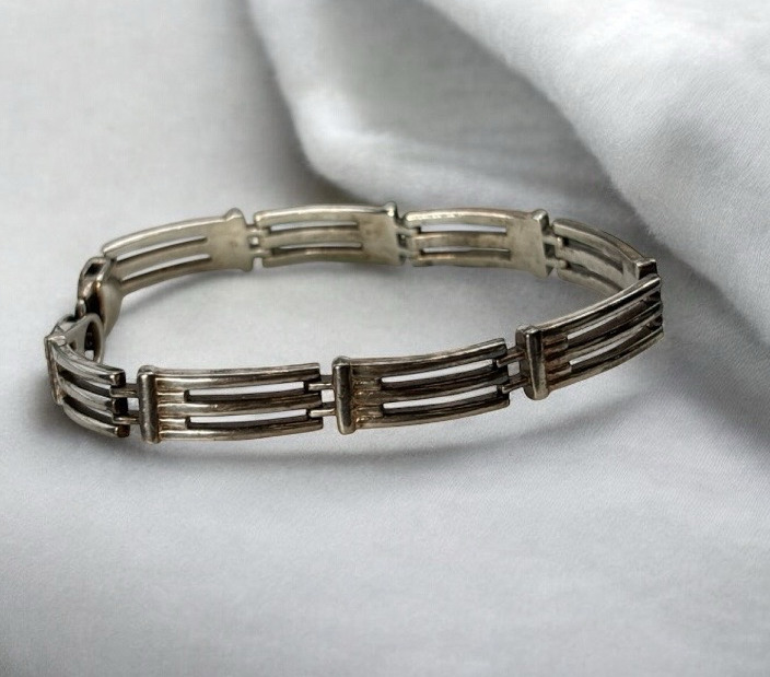 925 Sterling Silver Panel Open Bar Links Chain Bracelet