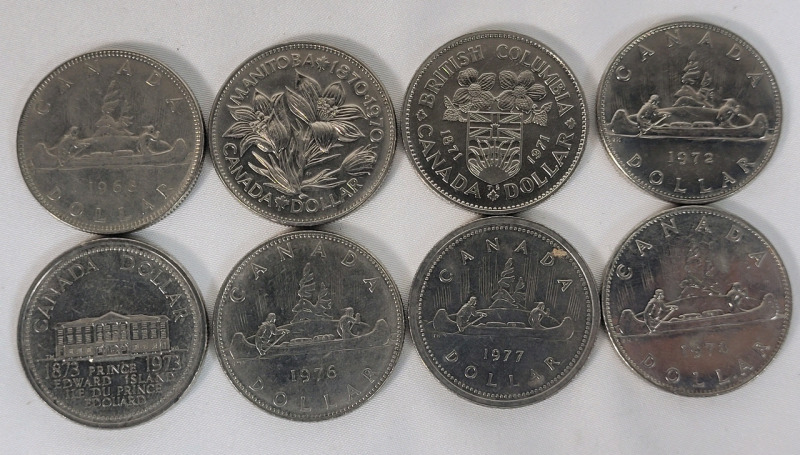 1968 - 1978 Canadian One Dollar Coins . 1968 , 1970 , 1971 , 1972 , 1973 , 1976 , 1977 & 1978 . Eight (8) Coins