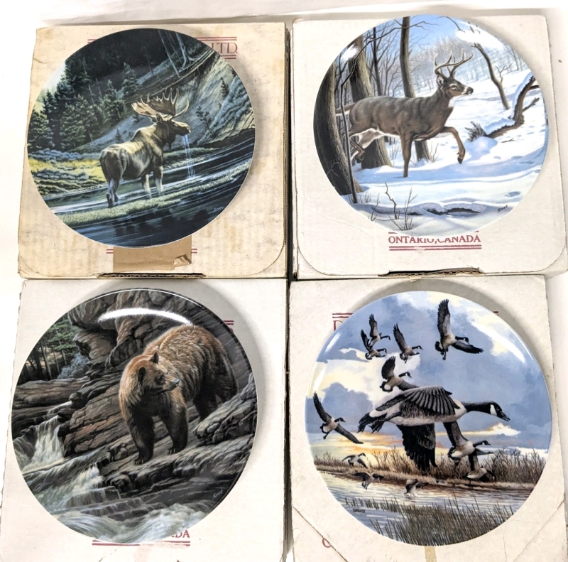 4 Vintage 1986-1990 Limited Edition Dominion China Plates: The Moose, The White Tailed Deer, The Cinnamon Bear by Paul Krapf & The Landing by Donald Pentz