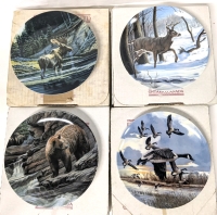4 Vintage 1986-1990 Limited Edition Dominion China Plates: The Moose, The White Tailed Deer, The Cinnamon Bear by Paul Krapf & The Landing by Donald Pentz