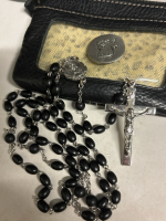 Black Bead Rosary Crucifix On Multi Pocket Wallet Inside Cat Print Pocket Charm Someone is Smiling On You