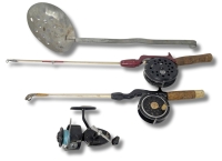 2 Ice Fishing Rods (Olympic Madison 470 + PFLUEGER 1494 DA), Garcia Mitchell 300 Reel & Ice Scoop | Longest Rid 23"