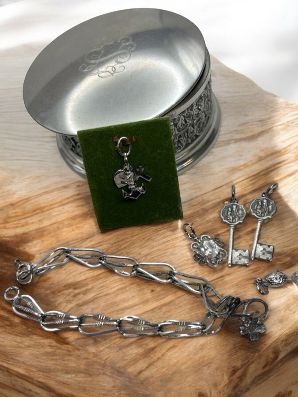Repousse style Trinket Box Sterling Charm Bracelet 4 Leaf Clover Worry Bird Faith Hope Charity Charms & Italian Keys