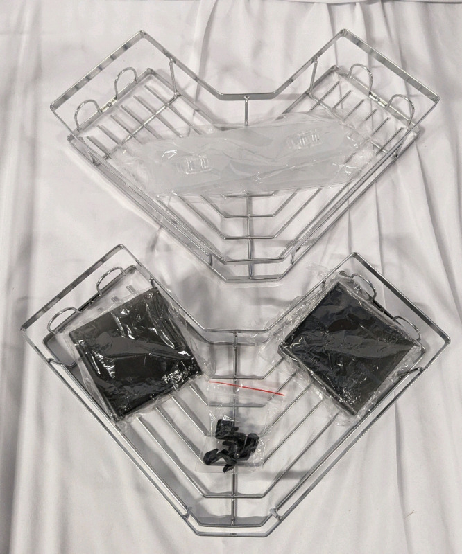 2 New Corner Shower Caddies with Adhesive Hooks. 19" from Corner to Corner.
