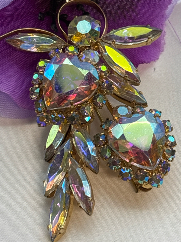 Vintage Rhinestone Brooch Heart Shaped Rhinestones, Aurora Borealis Floral Swag Style Brooch