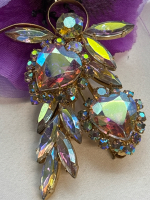 Vintage Rhinestone Brooch Heart Shaped Rhinestones, Aurora Borealis Floral Swag Style Brooch