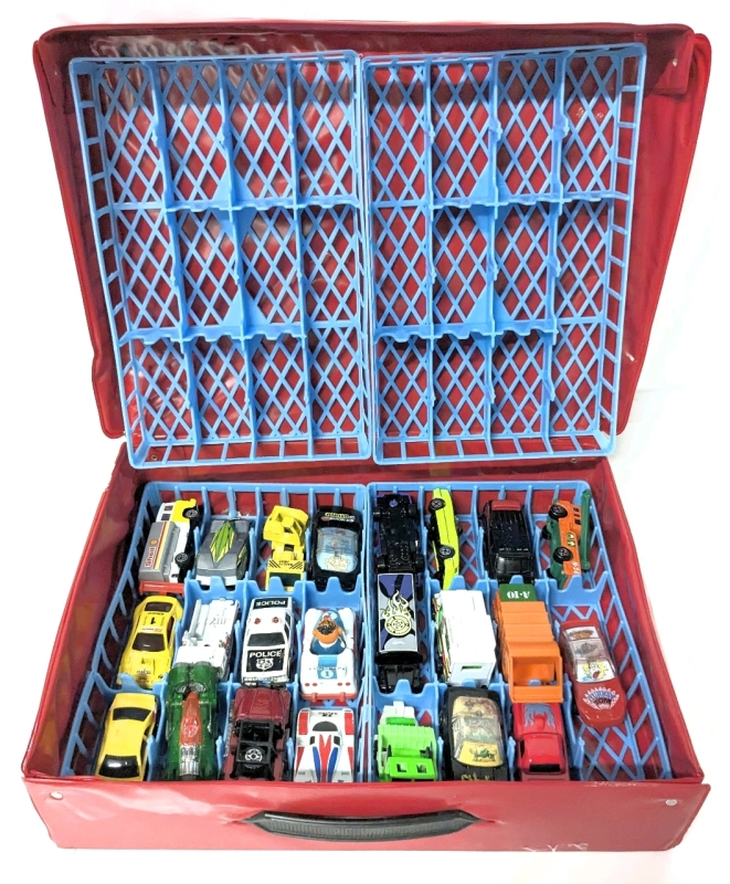 23 Assorted Diecast & Plastic Toy Cars in Vintage Tara 48 Car Chase Storage Case incl Corgi, Majorette, Hot Wheels, ERTL A-Team, Matchbox, Playskool +
