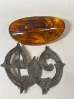 Sterling 925 Mexico Art Nouveau Brooch Baltic Amber Brooch Wonderful Inclusions
