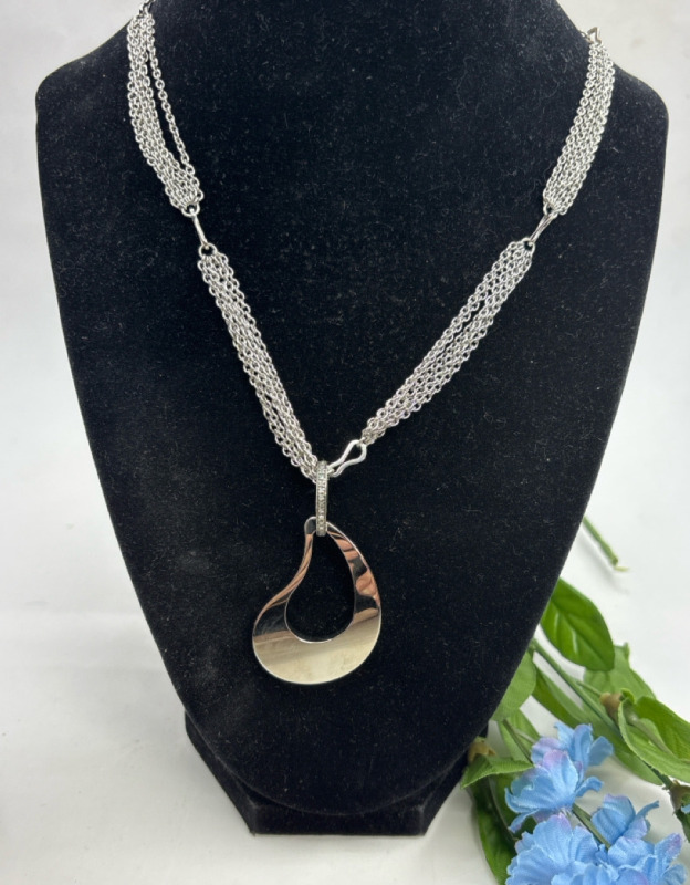Teardrop Necklace In 925 Sterling / Stainless Steel & Diamond Accents Designer FADI