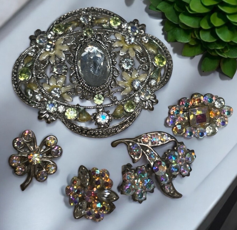 5 Vintage Rhinestone Brooches AB / Crystal / Enamel Beauties