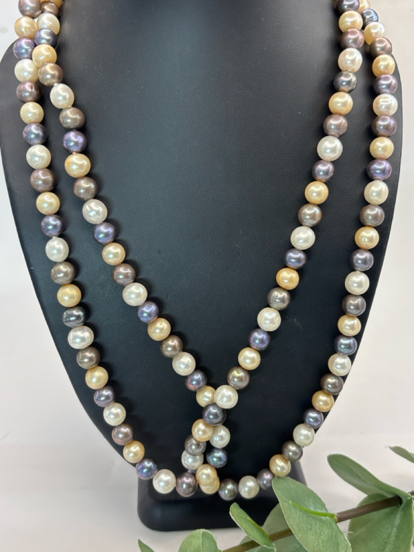 Endless Strand of Pearls 44 In With Gold White and Grey Pearls