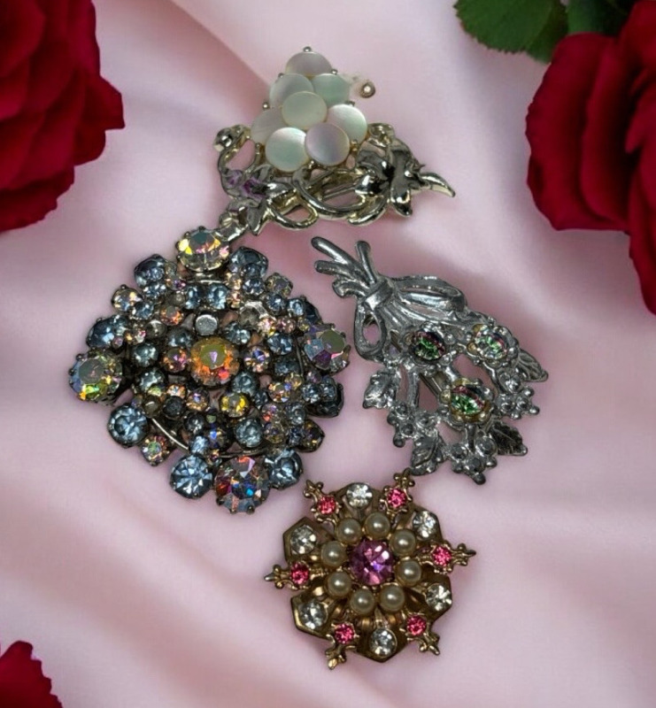Three Vintage Rhinestone Brooches TRIAD MOP Watermelon Mystic