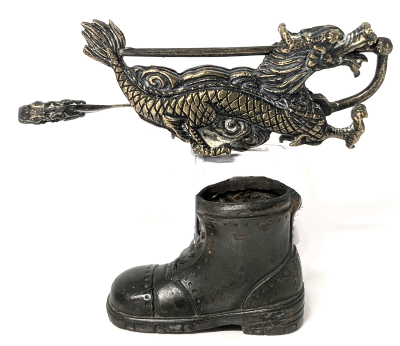 Neat Brass Chinese Dragon Lock with Key & Small Brass Boot Match Holder Made in Japan | Lock 4.75" Long