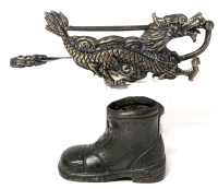 Neat Brass Chinese Dragon Lock with Key & Small Brass Boot Match Holder Made in Japan | Lock 4.75" Long