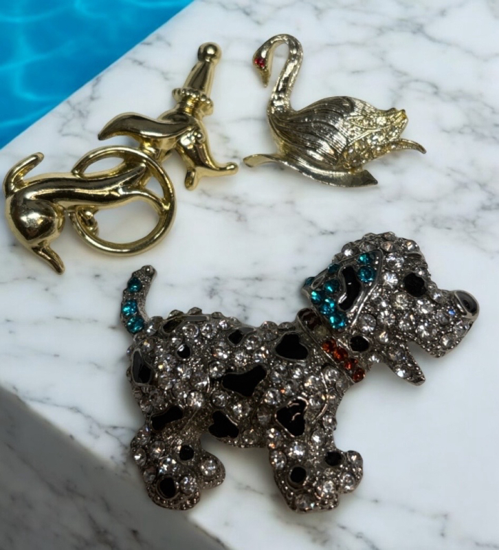 Rhinestone Dog and Swan Brooch Dachshund Dog Brooch