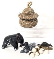 Coiled Pine Needle Basket by Hiroko Takaya, Black Clay Elephant Figure, Wolf Originals Loon, Resin Armadillo & Needle-Felted Acorns | Basket 5" Tall at Lid Loop